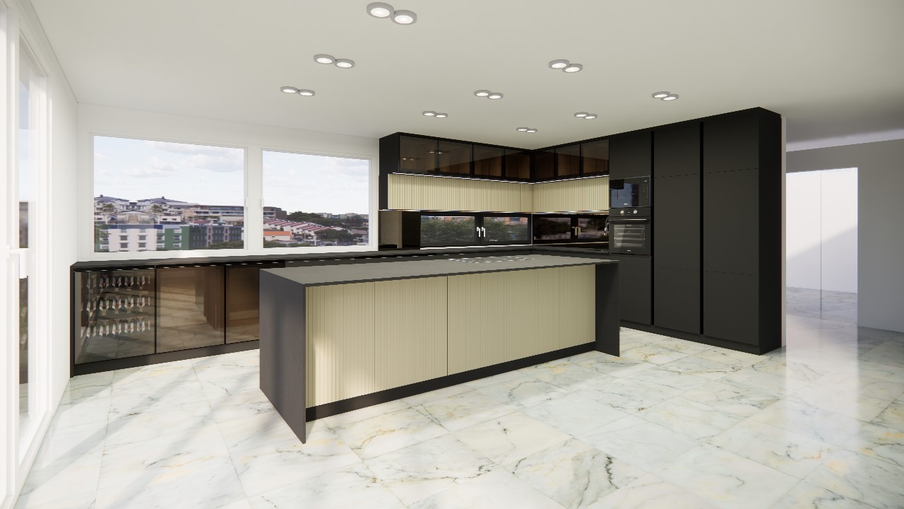 Spacious modern kitchen with black and beige cabinets, marble countertops, built-in appliances including a dishwasher, and large windows overlooking the city view.