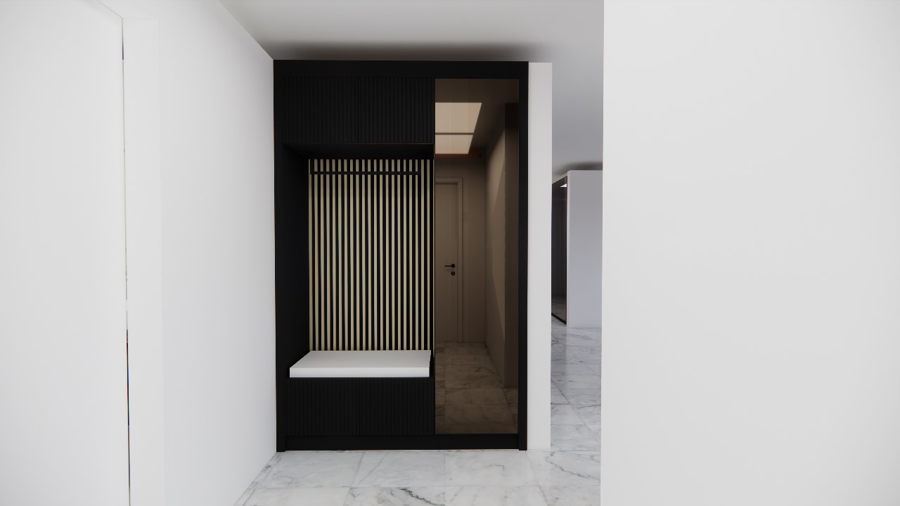 The image shows a modern and minimalist entryway with a black vertical slat wall feature, a white bench, and a marble floor. The entryway appears to be part of a larger residential or commercial space.