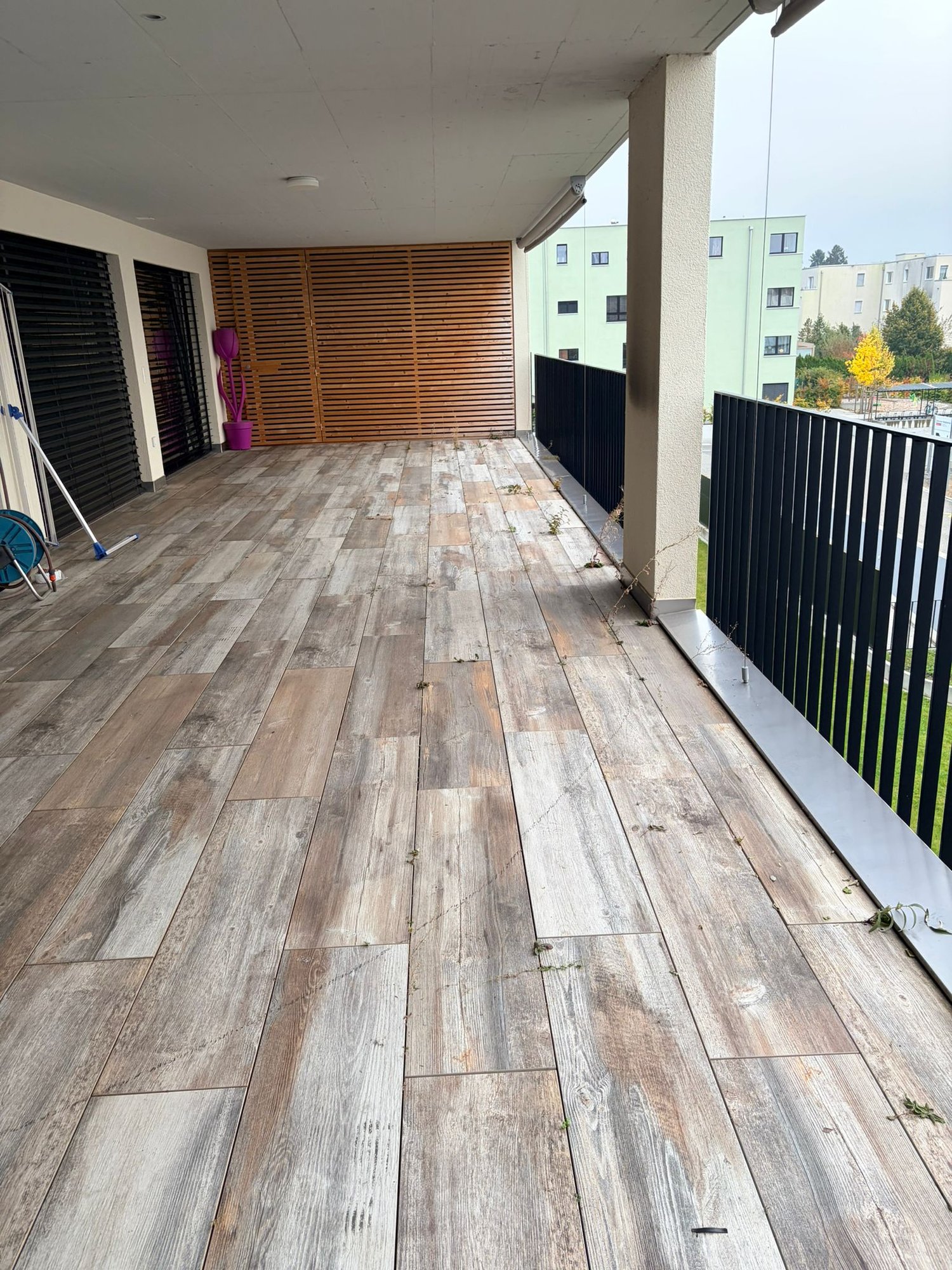 Terrace with wooden floor, black railings, wooden wall, plants in pots