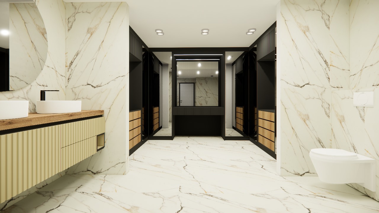 modern bathroom with white marble walls, wooden drawers, double sinks, mirror, toilet