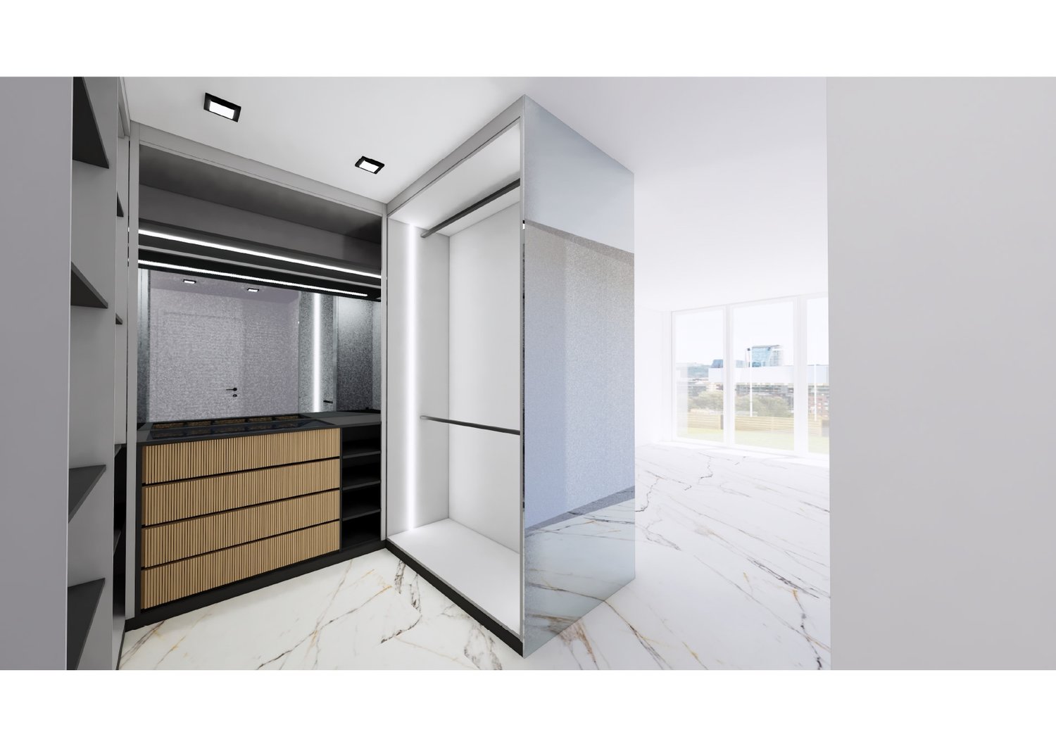 a closet with shelves, drawers, and a large mirror on a marble floor