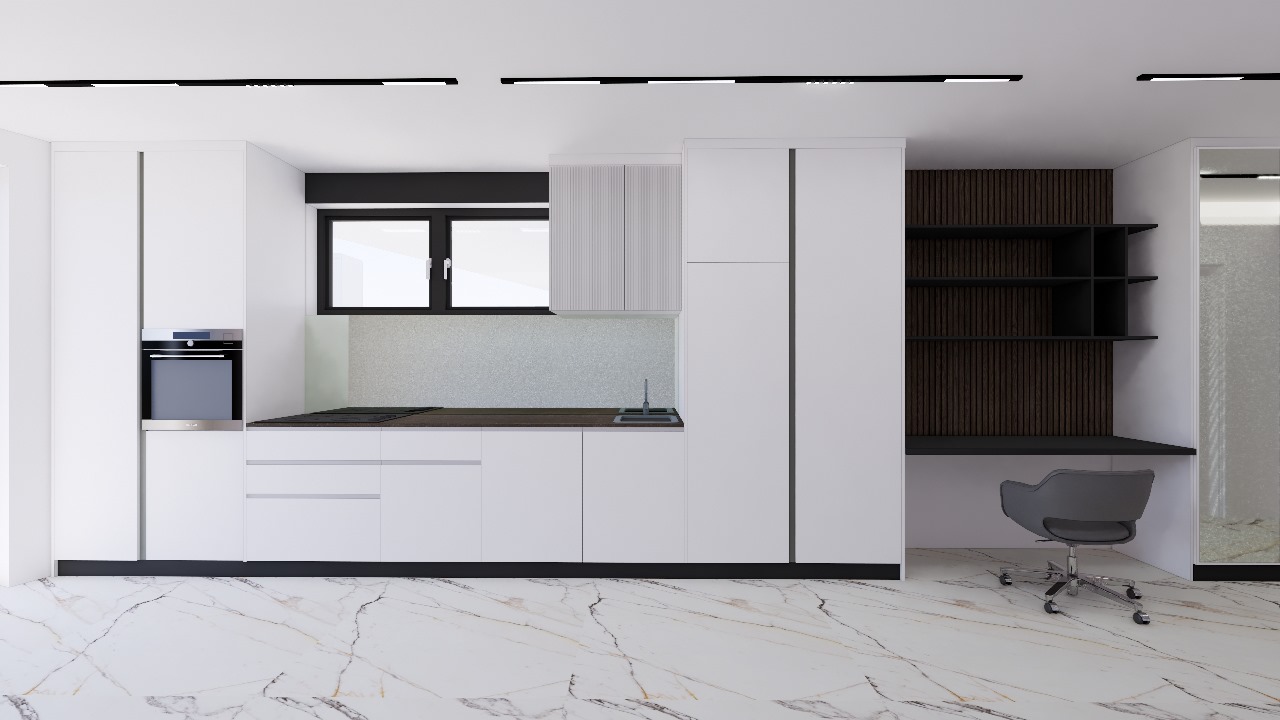 Minimalist kitchen with modern appliances and ample storage, marble flooring