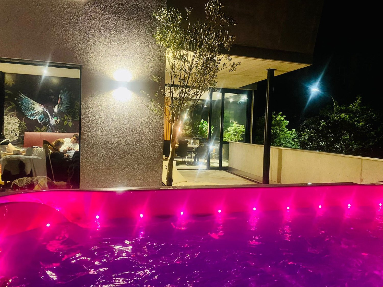 Jacuzzi with pink water and purple lights at night, next to an olive tree, with a dining area and a balcony behind