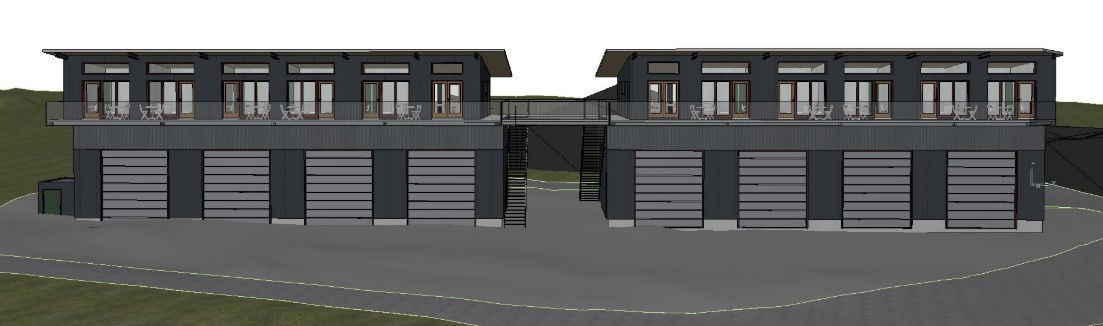 3-story apartment building with multiple units, each with a balcony. The building has a garage on the ground floor.