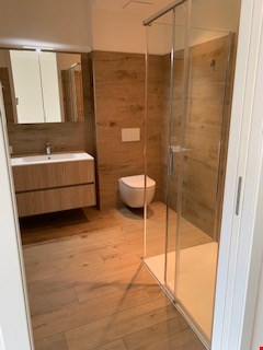 Bathroom with wooden floor, glass shower, wooden vanity, toilet, mirror