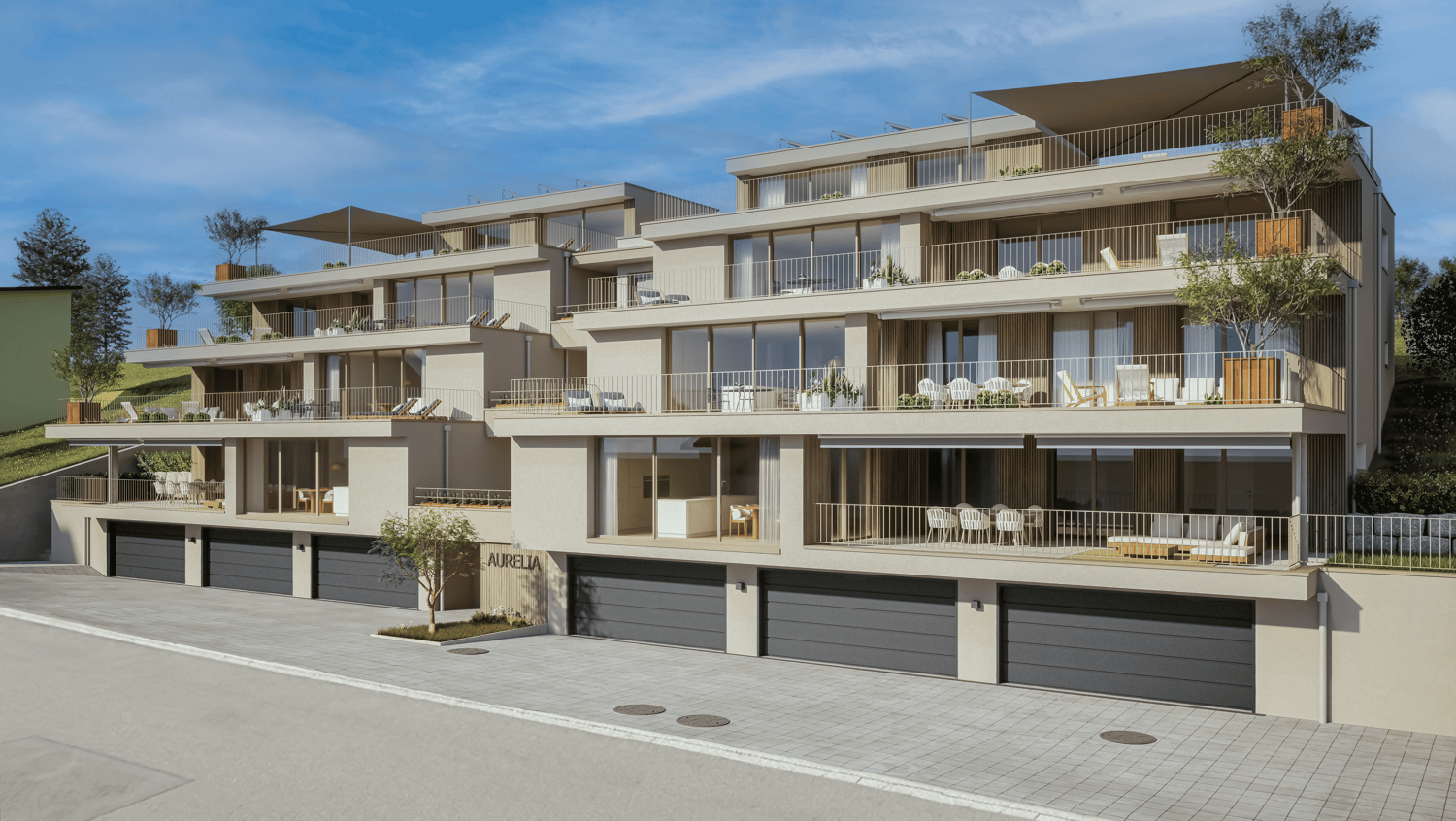 4 story building, modern design, large balconies, gray garage doors, solar panels on roof