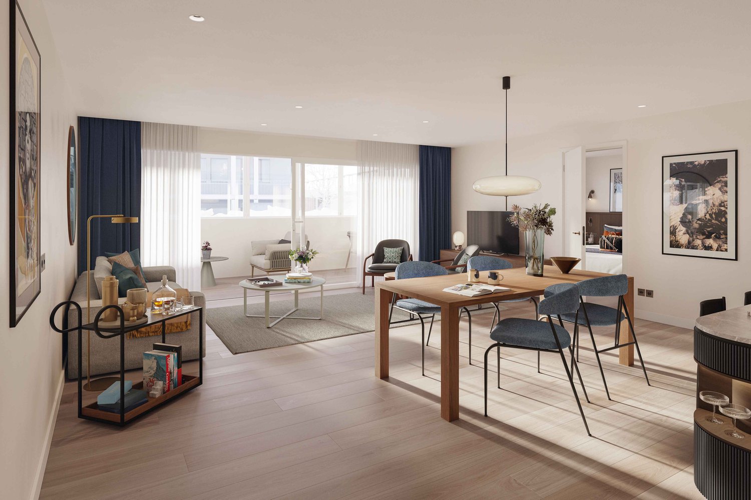 Open-concept living and dining area with large windows, hardwood floors, modern furniture including a wooden dining table with chairs, a sofa, and a coffee table. The room also features a balcony or terrace, artwork on the walls, and decorative accents th