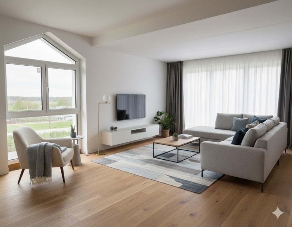 Large windows, hardwood floors, large couches, center table, entertainment console, floor lamp, indoor plants