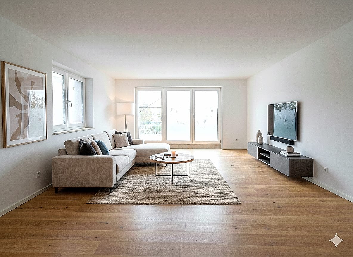modern living room with grey sofa, wooden floor, large windows, large flat screen TV