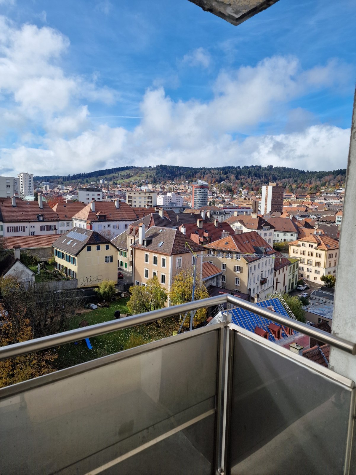 Overlooking city, green trees, rooftops