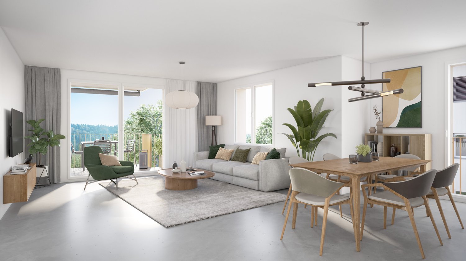 modern interior, gray couch, dining table, rug, gray floor, open balcony, gray curtains, table lamp, artwork, plants