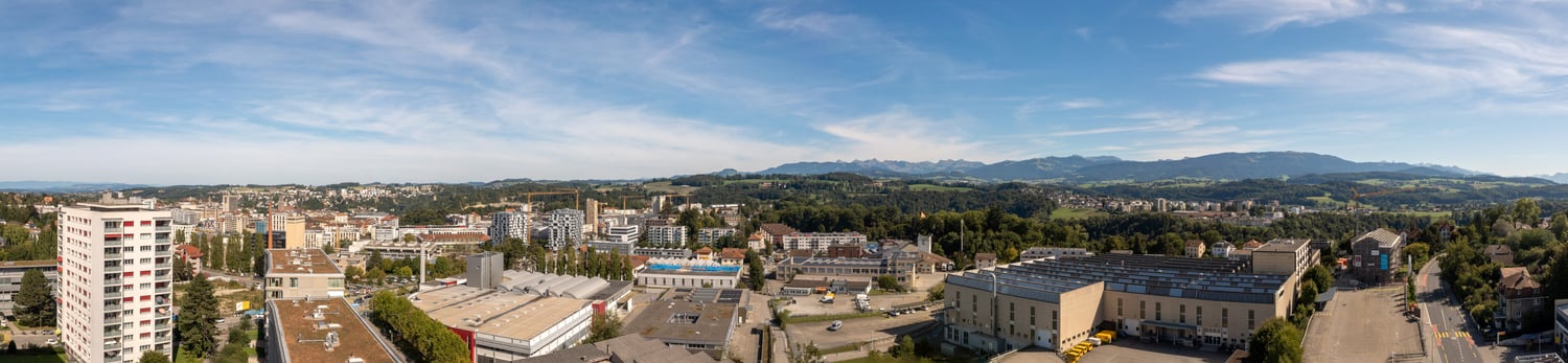cityscape, mountains, buildings, trees, road, clear sky