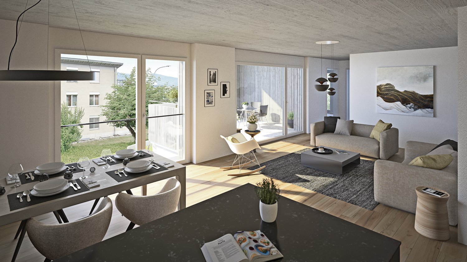 large window, balcony, glass door, sofa, dining table, coffee table, fireplace, rug, books