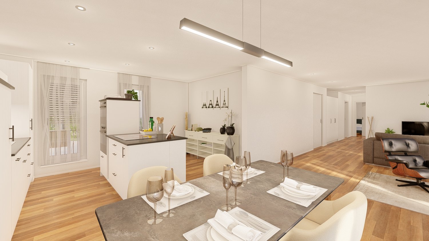 Open floor plan, dining table, comfortable chairs, white cabinets, wooden floor, windows with white curtains