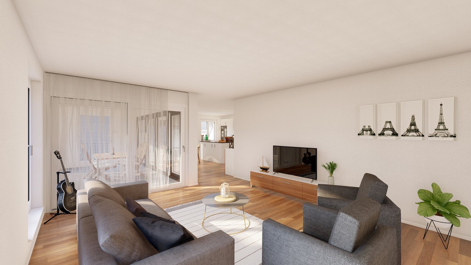 Spacious living room with hardwood floors, white walls, large windows, gray sofa and armchair, wooden TV stand, and Eiffel Tower artwork on the wall.