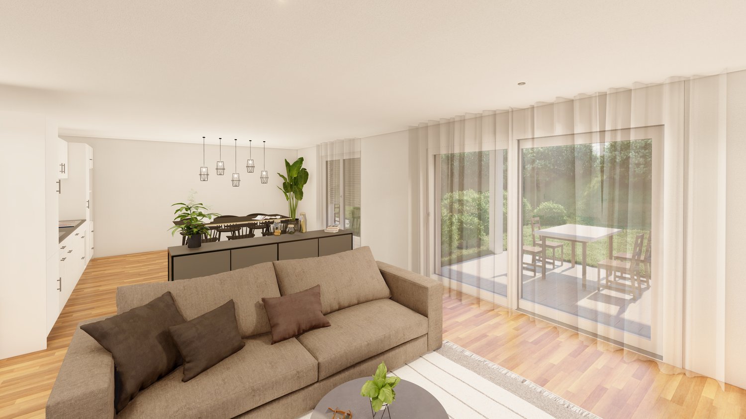 White walls, wooden floor, beige couch with brown pillows, coffee table, dining area with table and chairs, sliding glass doors to balcony, potted plants