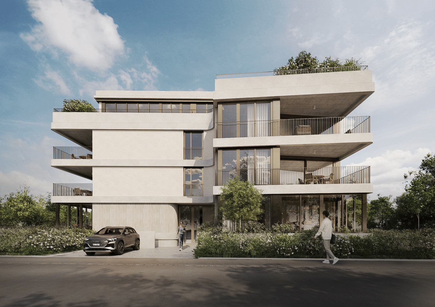 Three story building, modern architecture, glass windows, multiple balconies, entrance door, car in front