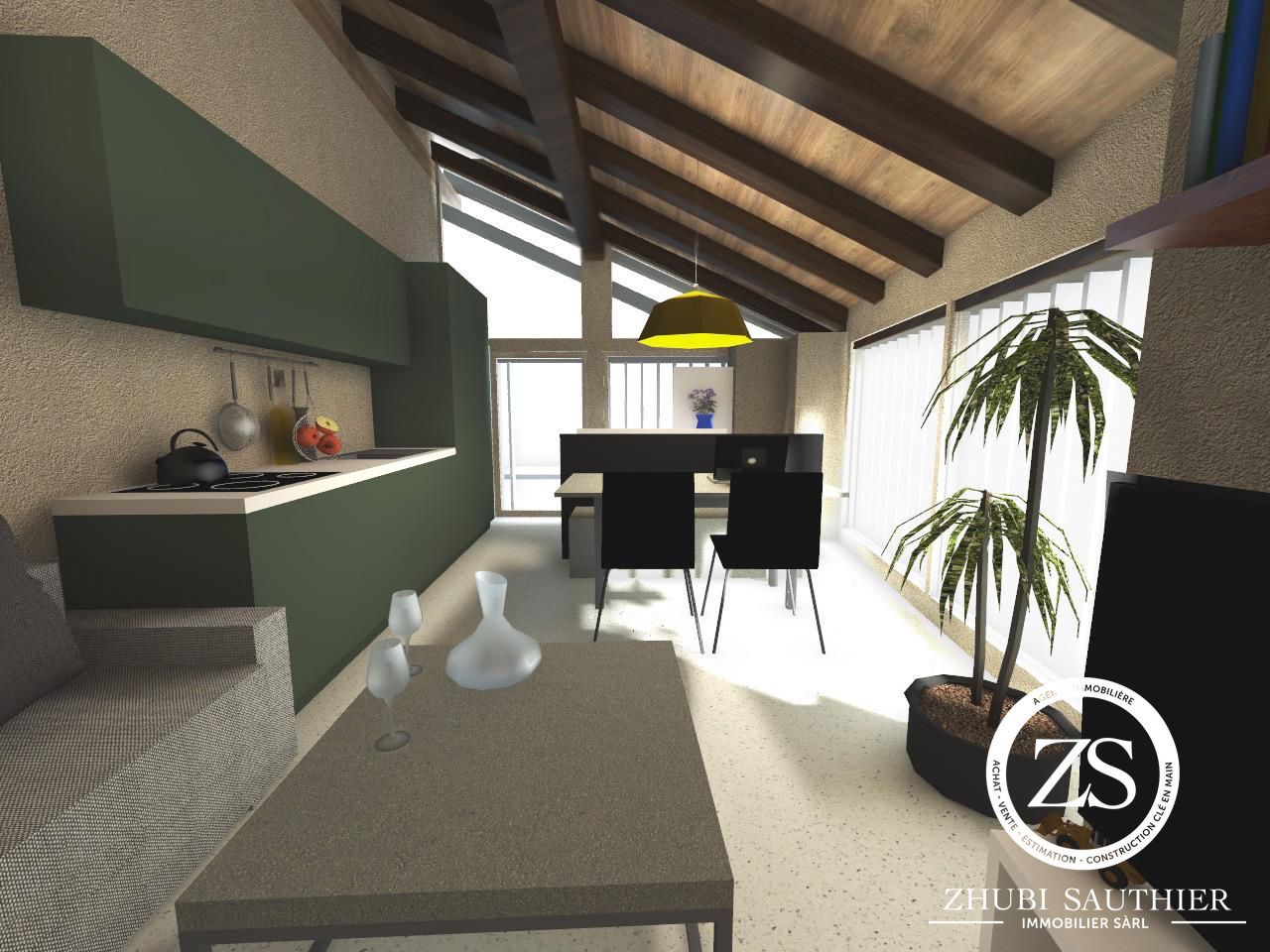 kitchen, dining area, living area