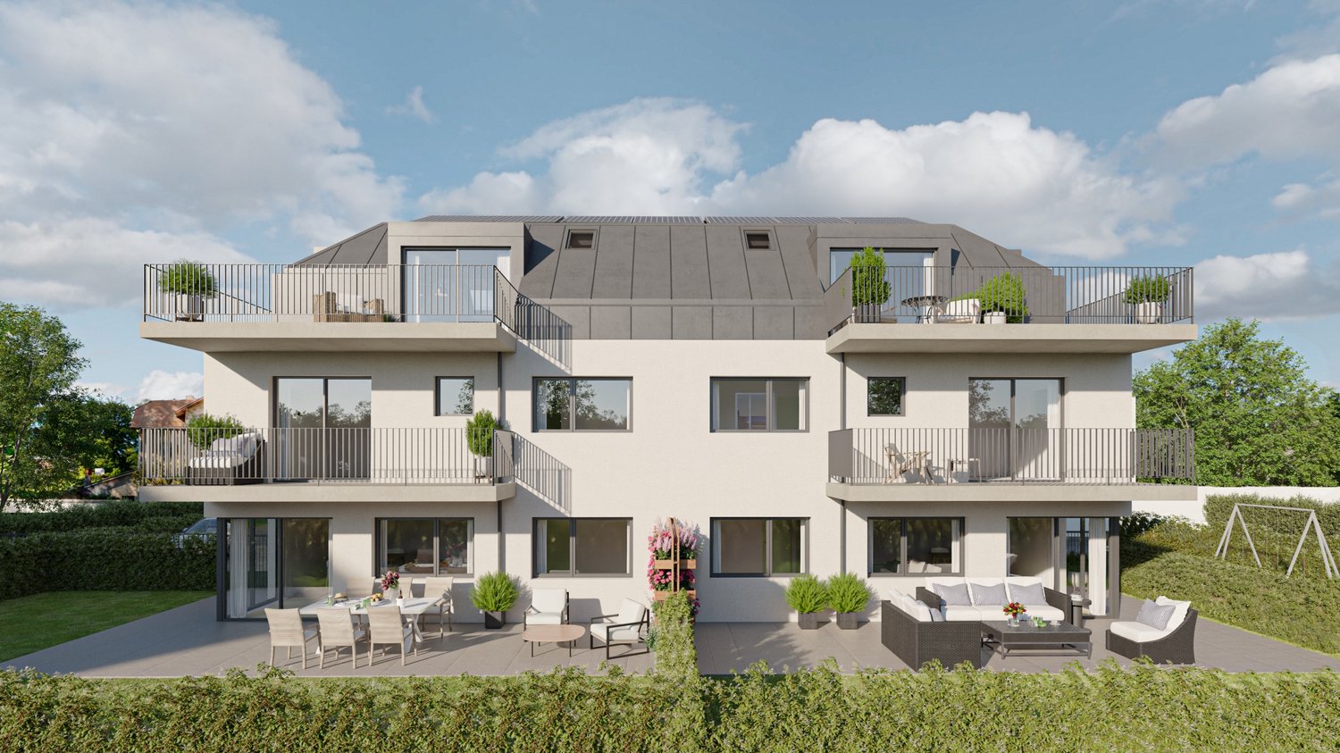 2 story house, white exterior, multiple balconies, modern design, garden area, outdoor seating