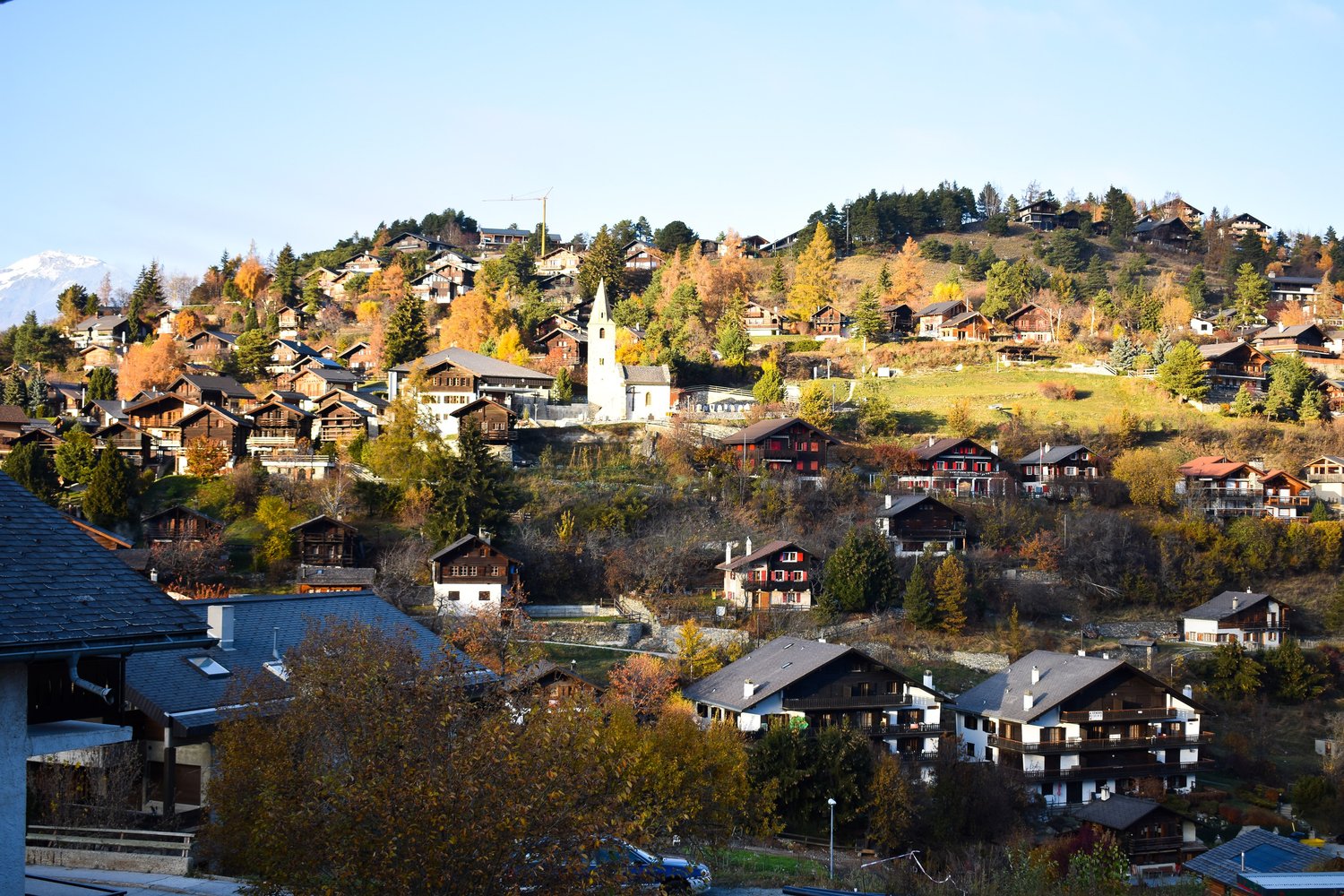 Alpine village on hill, chalet-style houses, trees, church tower, mountains in background