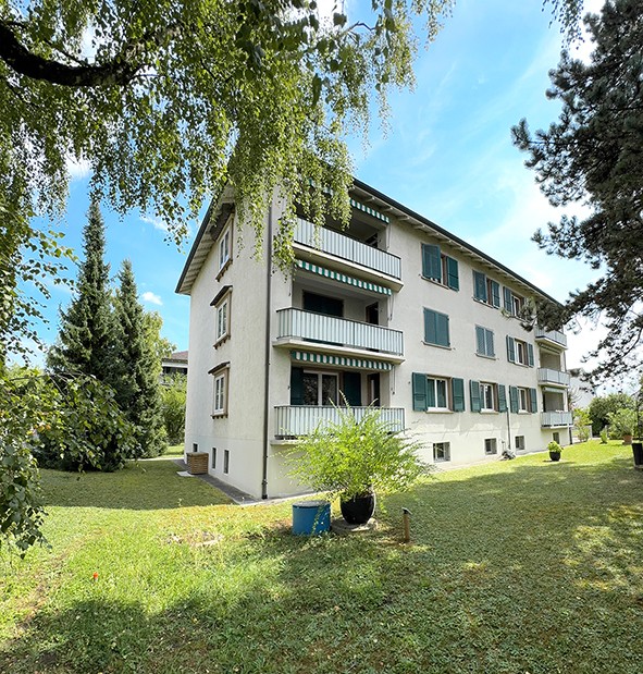 Three-story building with white walls, green shutters, and balconies. Trees and bushes surround the property, with a trash bin near the entrance.