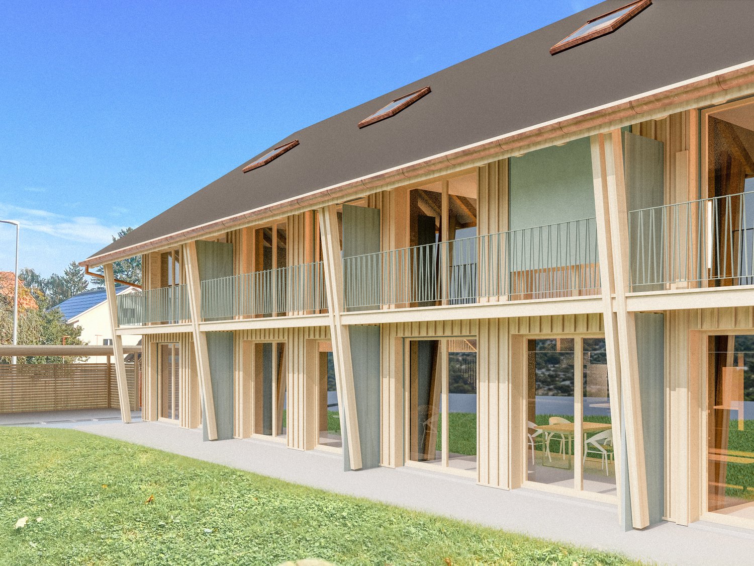 Three-story building, modern design, wooden exterior, multiple balconies, large windows