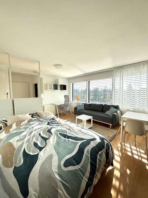 Bedroom with bed, couch, two desks, chair, lamps, table