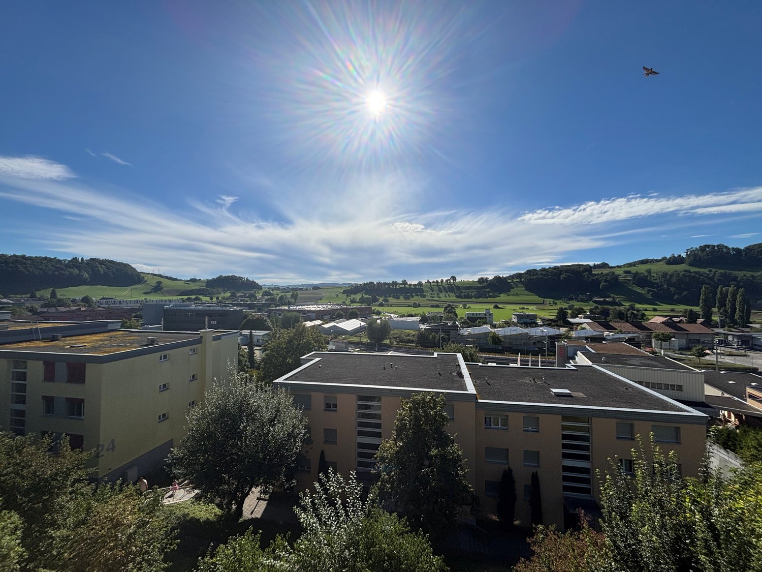 View from the building with green field and town