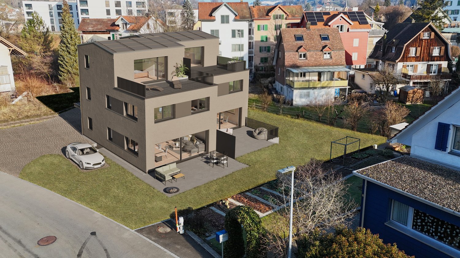Modern 3-story house, gray exterior, solar panels, large windows, 2 balconies, swimming pool, garden, driveway
