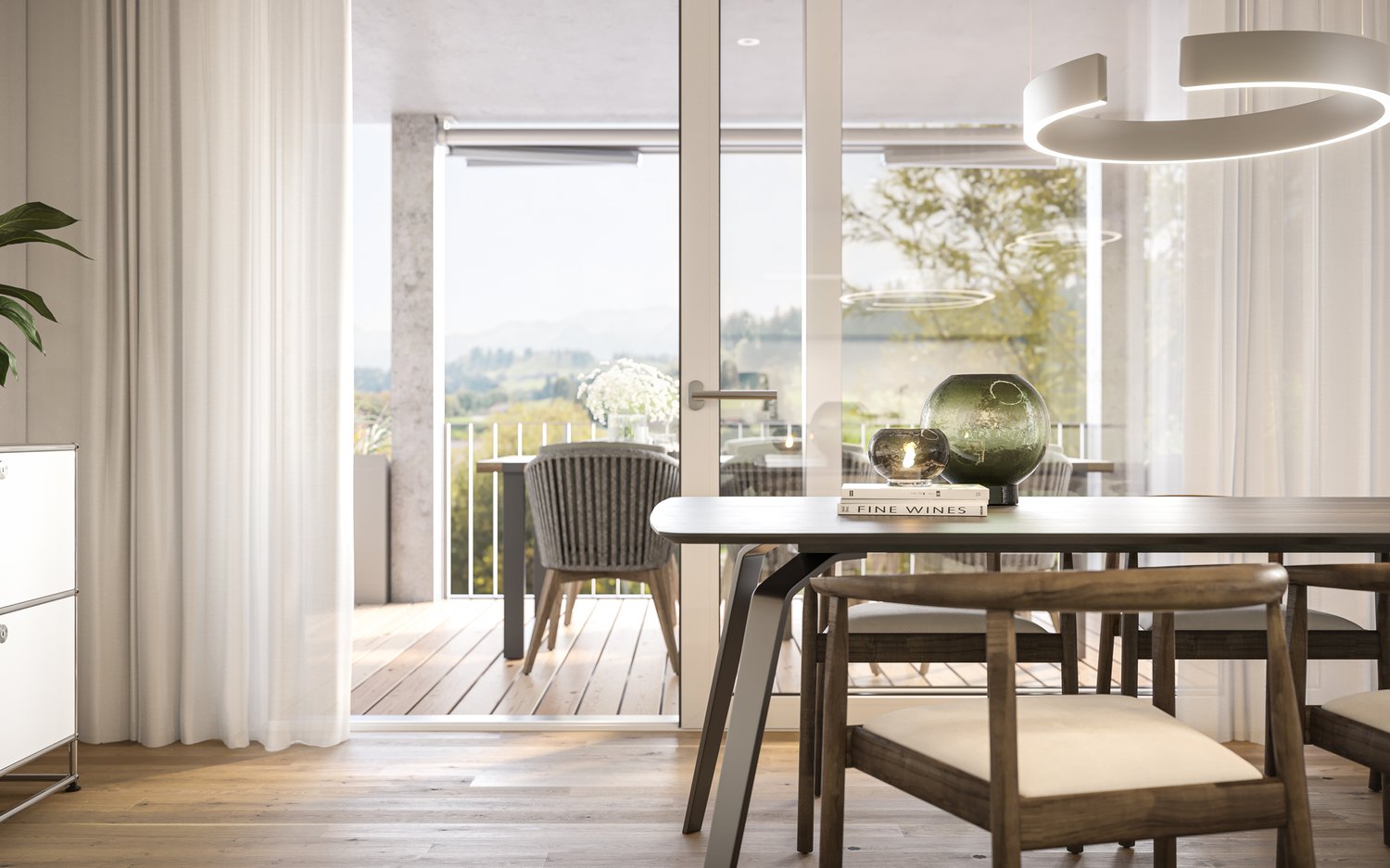 modern dining area, wooden table, chairs, sliding doors leading to a balcony, white curtains, white walls, hardwood floors, book on the table, decorative vase, potted plant, exterior view of trees and landscape