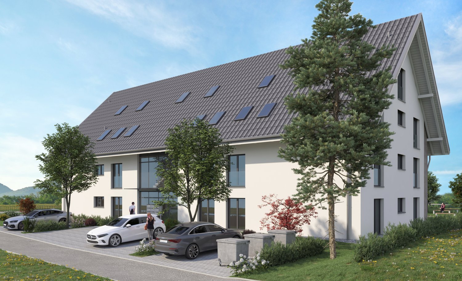 2-story house, white exterior, gray roof, solar panels, glass windows, garage with 4 parking spaces