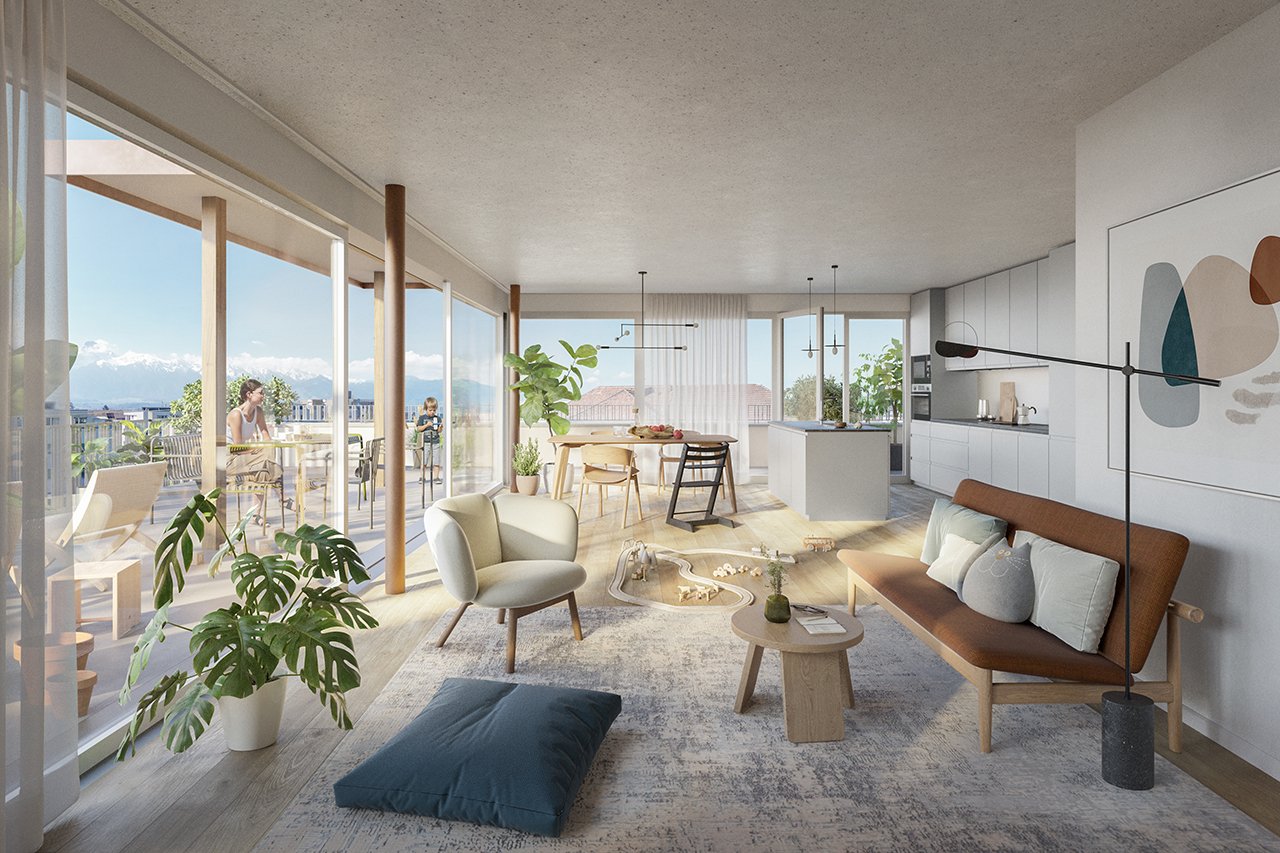 Spacious open-plan living area with large windows offering a scenic view, wooden accents, modern furniture including a sofa, armchair, and dining table, and various potted plants adding a natural touch to the space.