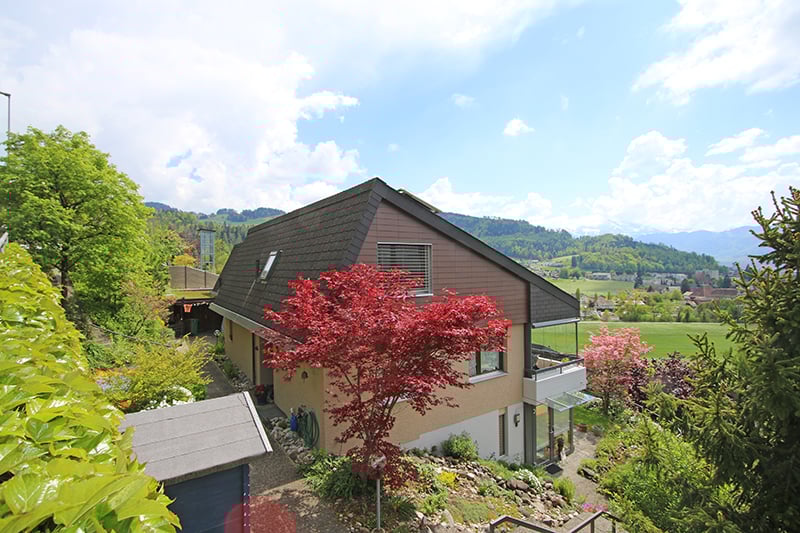 2-story house with brown siding and a slanted roof, surrounded by lush greenery and a red maple tree in the foreground. The house has a balcony or terrace visible.