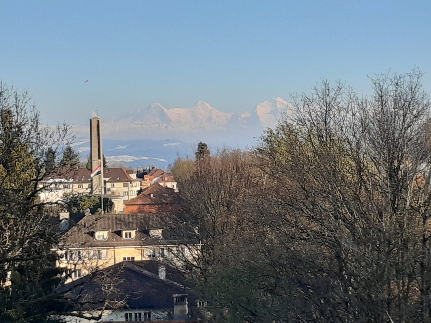 Hillside view with buildings and flag, mountains in the distance, bare trees, clear sky, winter setting
