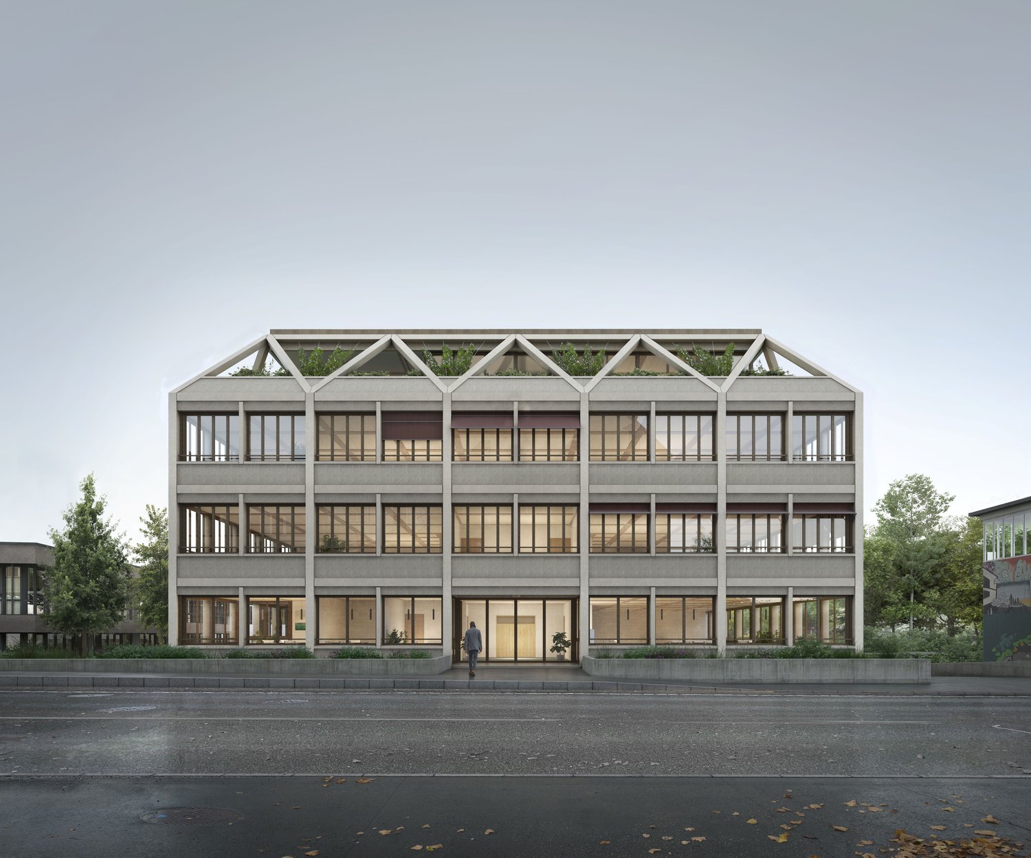 Modern office building with multiple floors, large windows, green rooftop, entrance with glass doors, surrounded by trees and plants