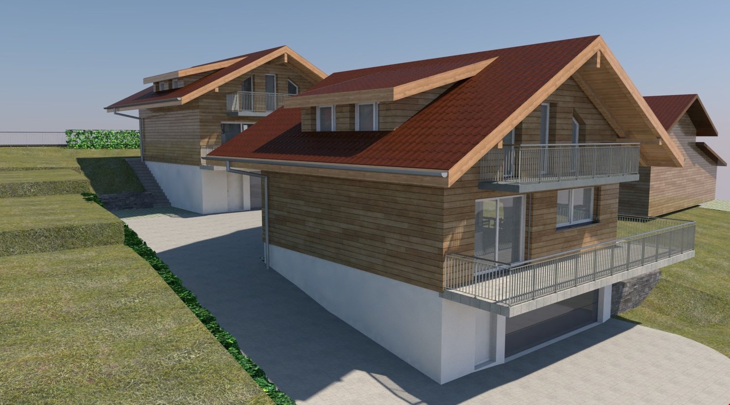 2 story wooden house with red tile roof, balconies, and a raised ground floor