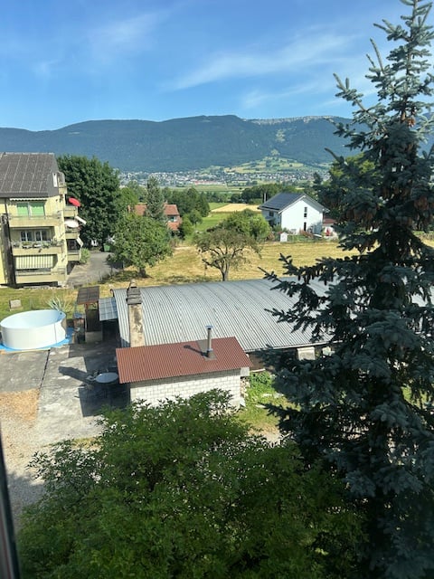 mountains in the background, white cylindrical structure, metal roof, white building, multiple trees, gravel