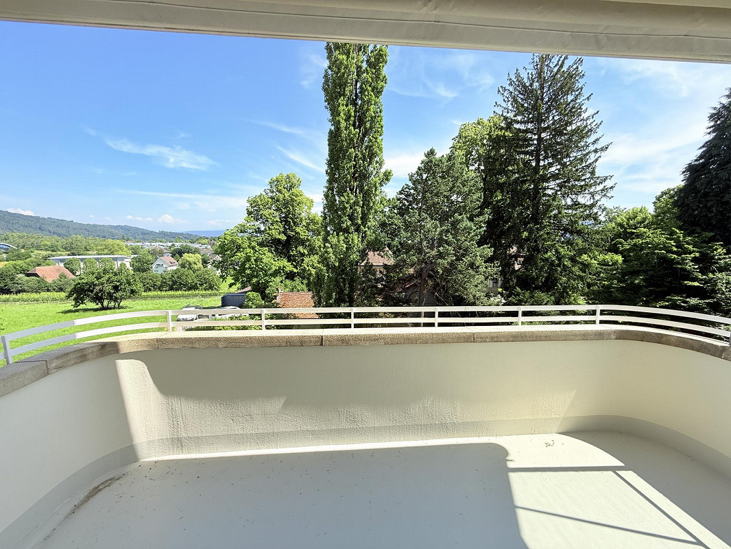 Balcony with a white railing, overlooking a scenic landscape