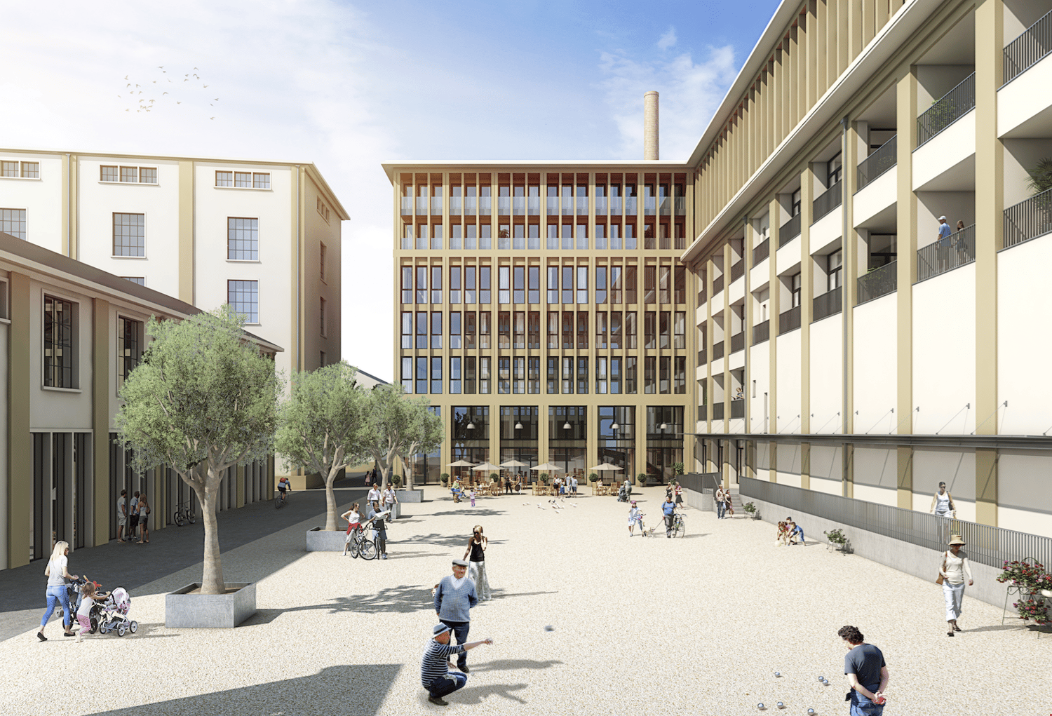 An artist's rendering of a community, featuring multiple buildings, open spaces, and trees.