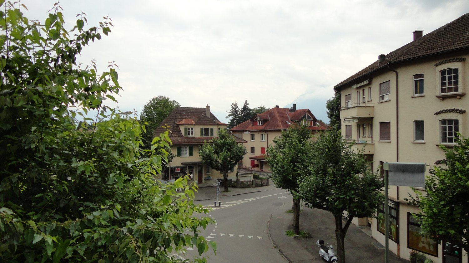 Two residential houses, road, parking area, trees