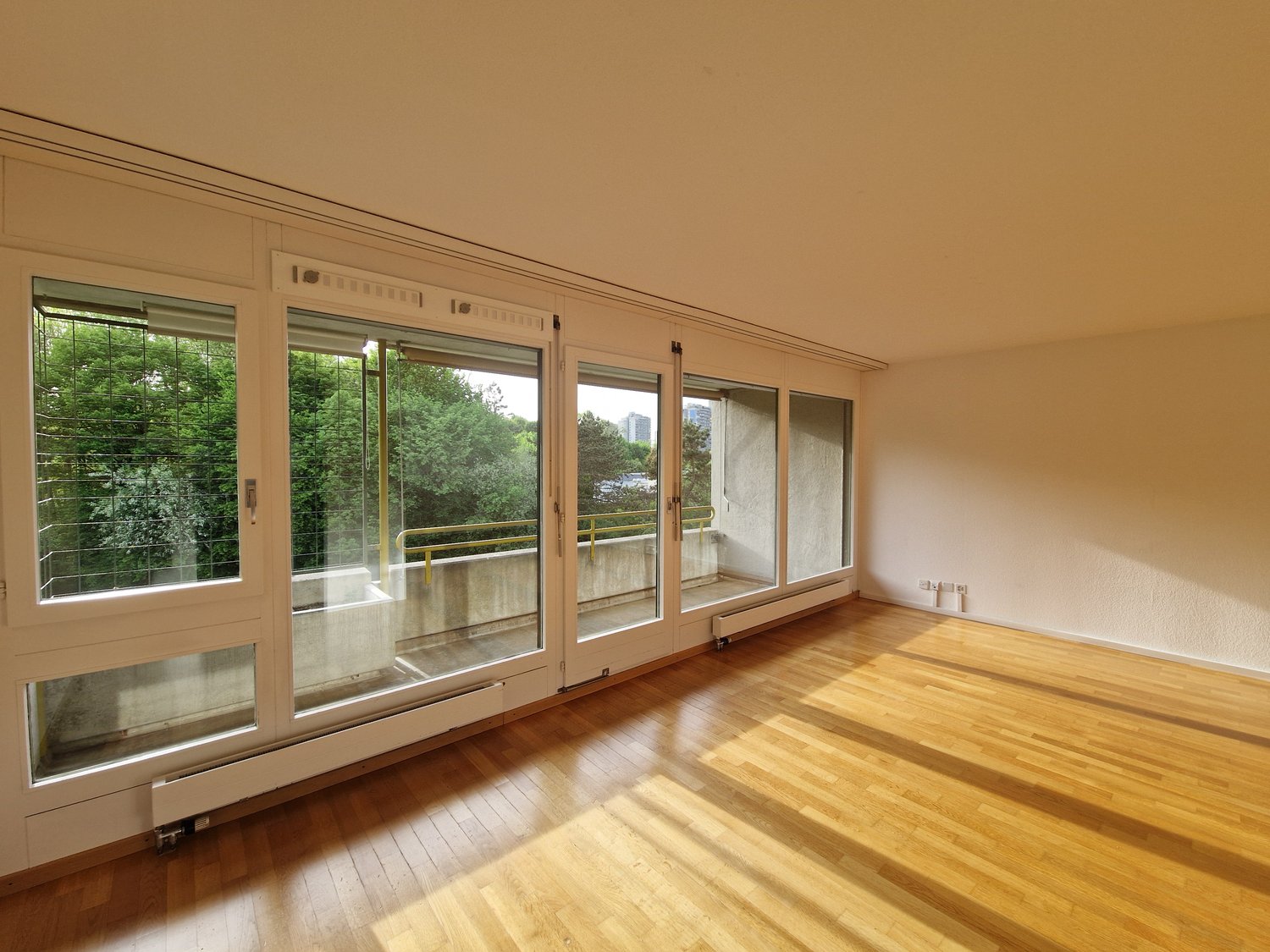 empty room, wooden floor, sliding glass doors, balcony, white walls, white ceiling