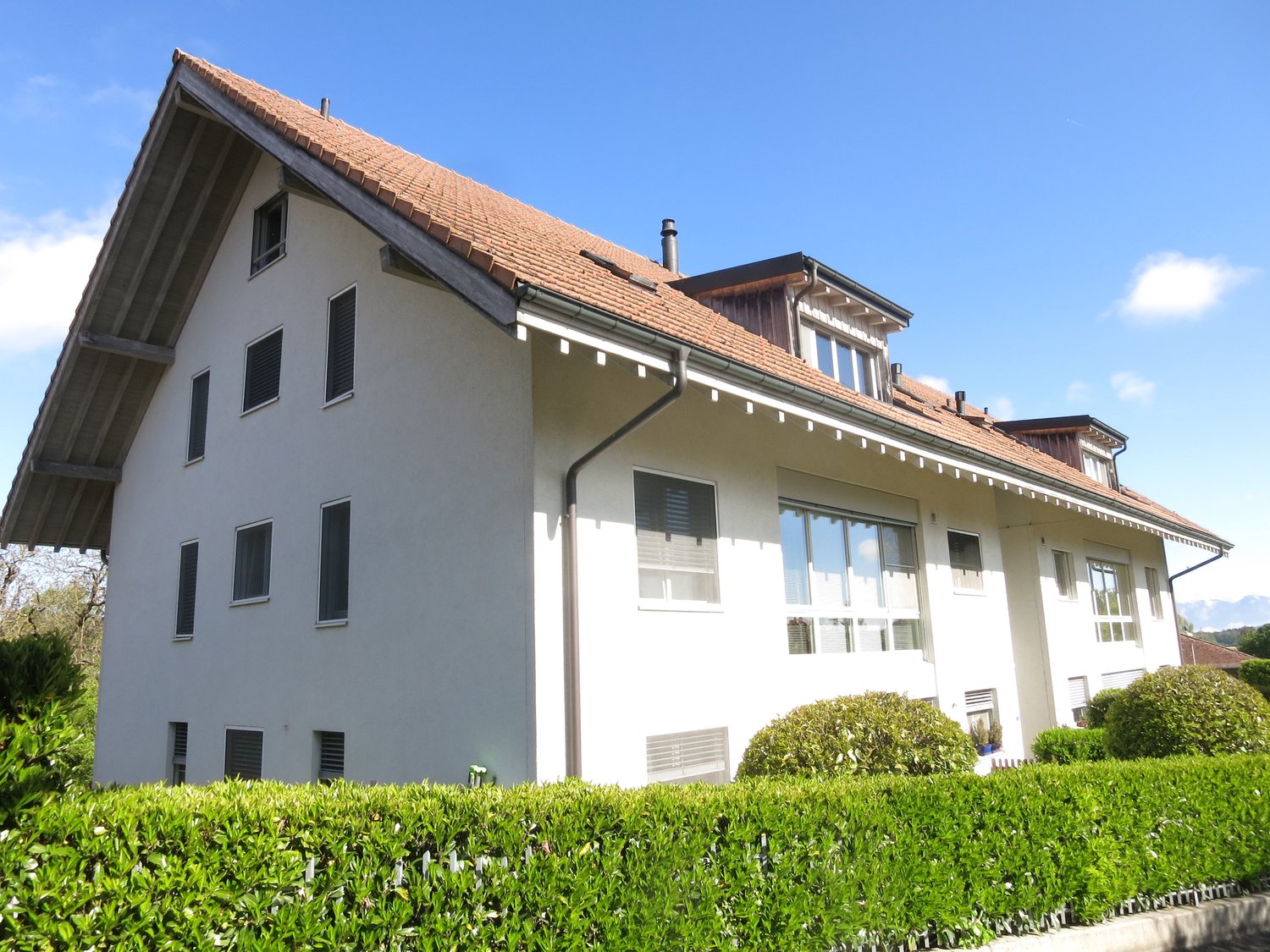 White house with red roof, multiple windows, hedges in front, chimneys