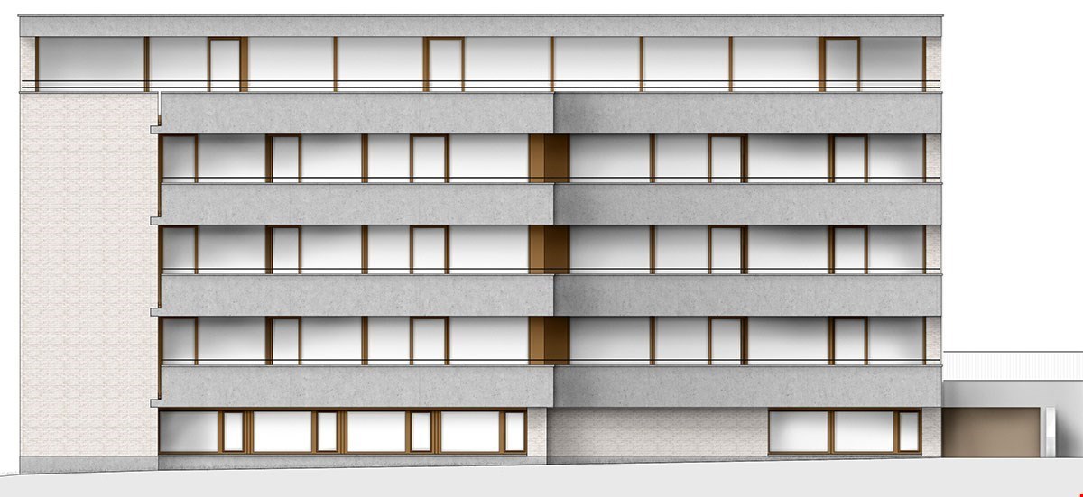 5 story building, each floor has balconies, brick exterior on the ground floor, double height space on the ground floor