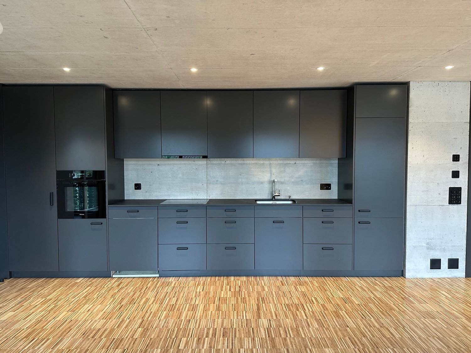 Modern kitchen, gray cabinets, wooden floor, built-in oven and dishwasher, sink with faucet