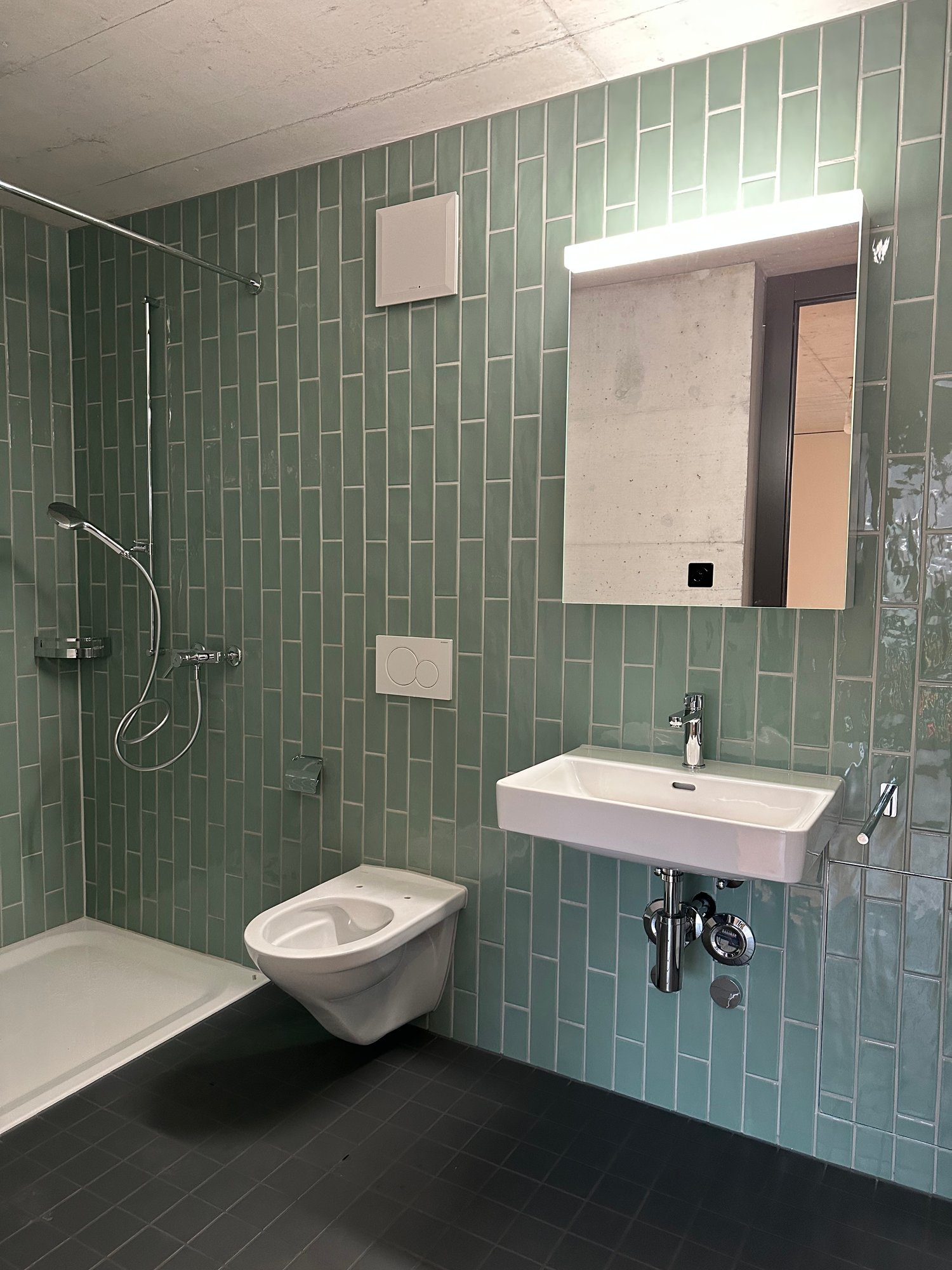 bathroom with shower, toilet, sink, mirror, teal tiles