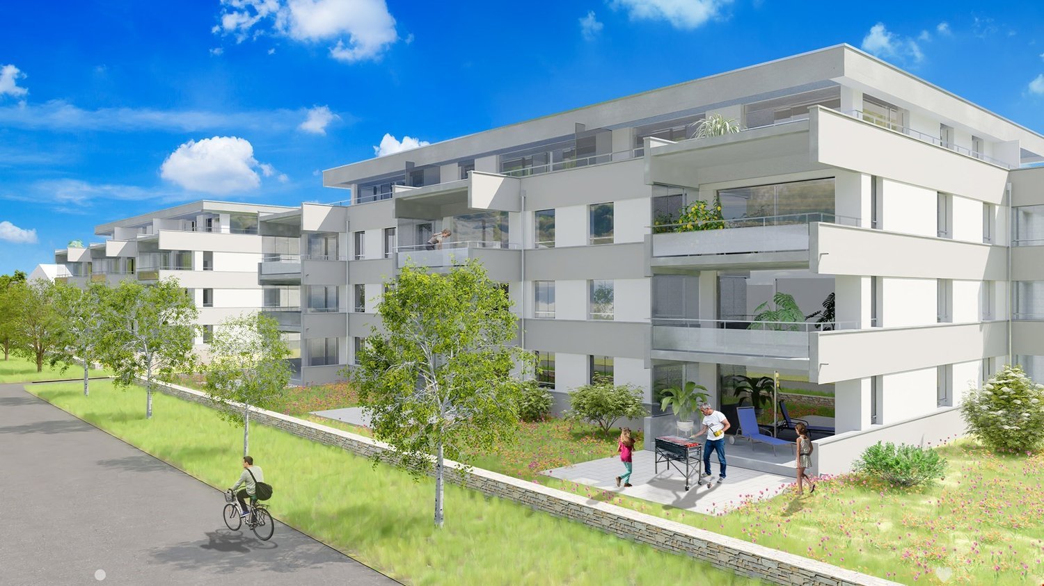 Modern multi-story apartment building with balconies, surrounded by landscaped greenery and trees. People are visible on the balconies and walking around the building.