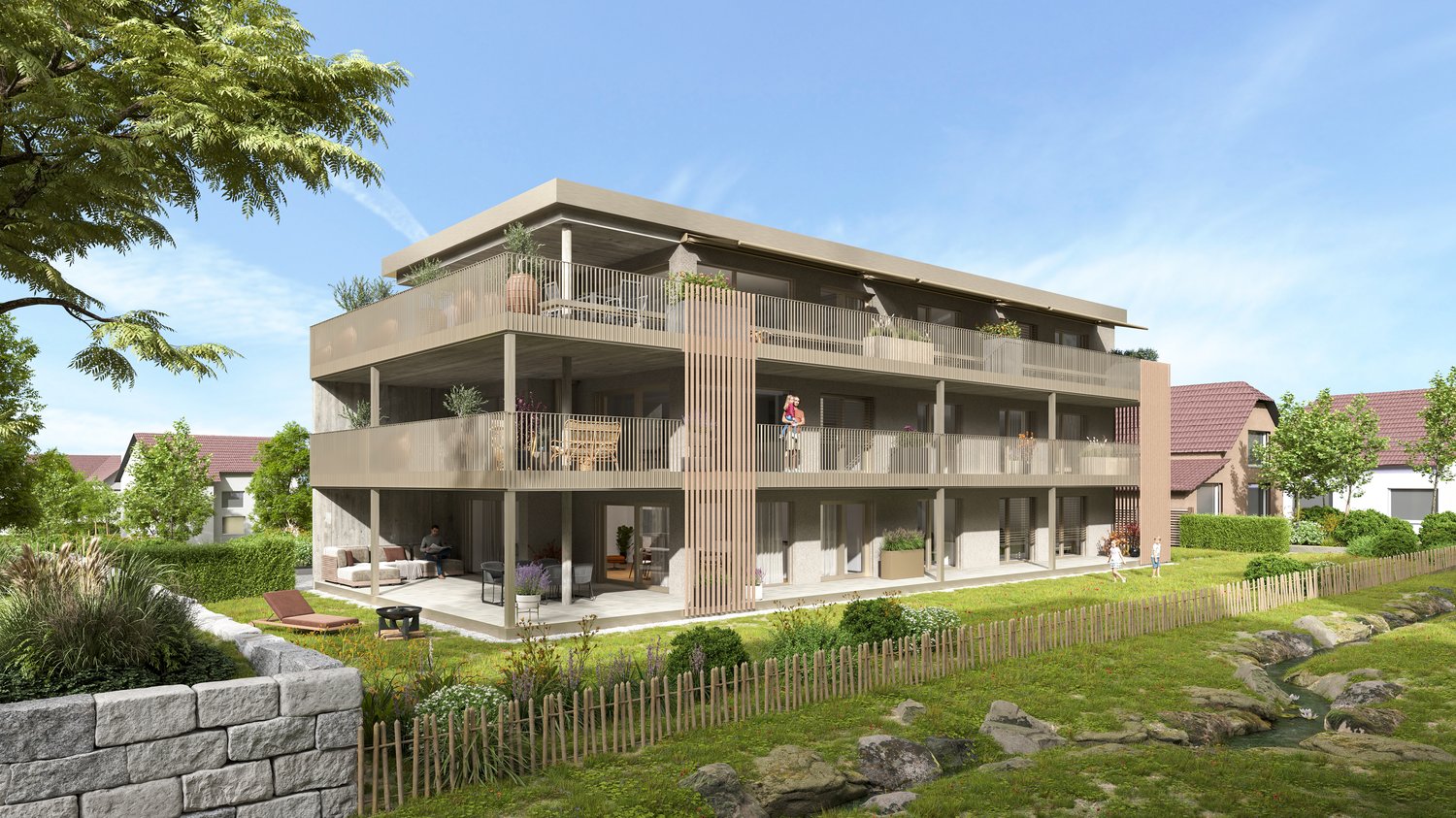 multi-storey building, three levels, raised ground floor, multiple balconies, modern architecture