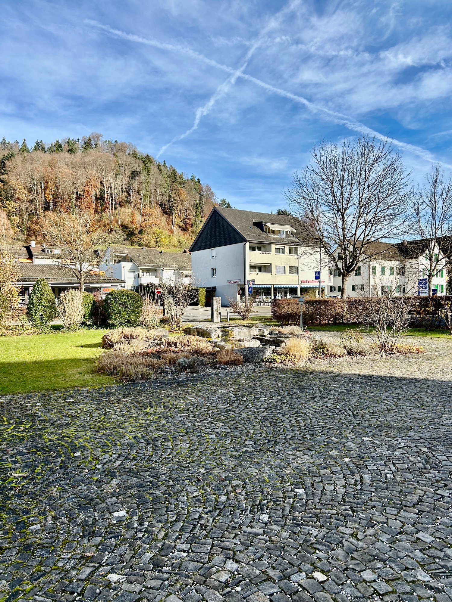 A well-maintained cobblestone area in front of a residential area with multiple houses. There are trees and shrubs lining the sidewalk, and a small fountain in the center. The houses have a mix of roof styles, and one of them has a sign that reads 'Lebens