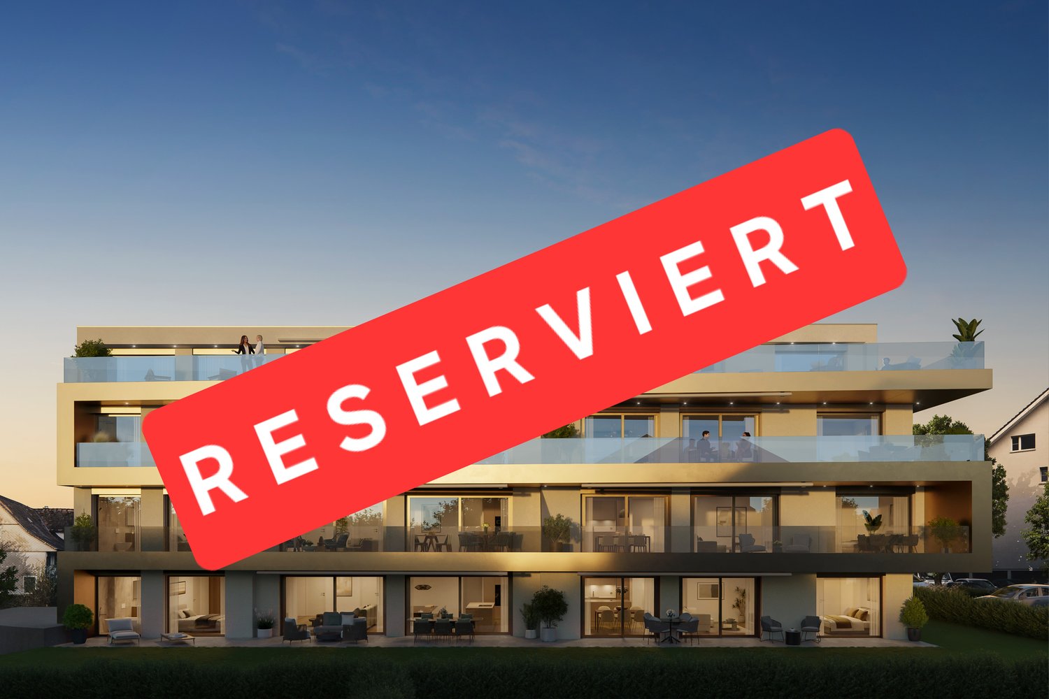 A modern multi-story building with large windows and balconies, displaying a prominent 'RESERVED' sign on the facade.