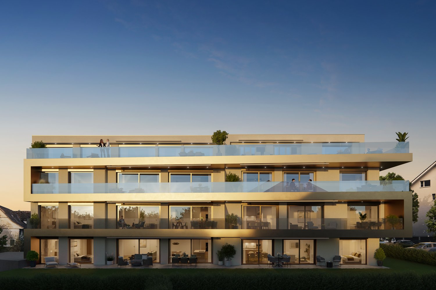 Multi-story apartment building with large windows, balconies, and a modern, minimalist design. The building has a clean, sleek appearance with a mix of glass and light-colored materials.